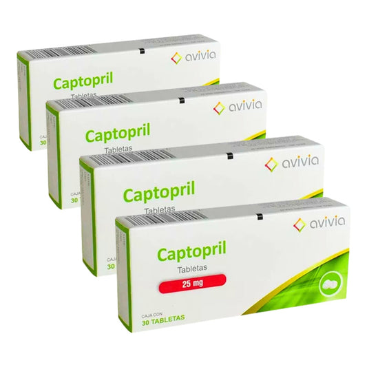 Captopril 25 Mg 4 Cajas Con 30 Tabletas C/u Avivia