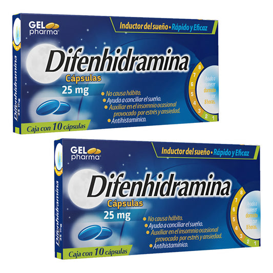 Difenhidramina 25 Mg 2 Cajas Con 10 C/u Cápsulas Gelpharma