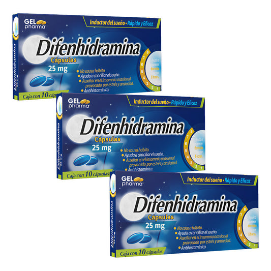 Difenhidramina 25 Mg 3 Cajas Con 10 C/u Cápsulas Gelpharma