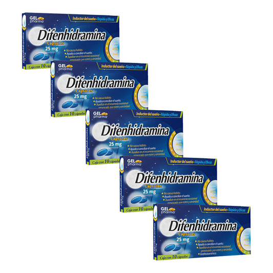 Difenhidramina 25 Mg 5 Cajas Con 10 C/u Cápsulas Gelpharma