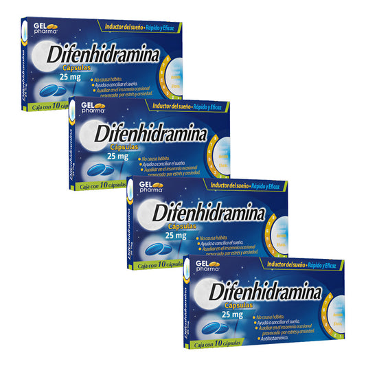 Difenhidramina 25 Mg 4 Cajas Con 10 C/u Cápsulas Gelpharma