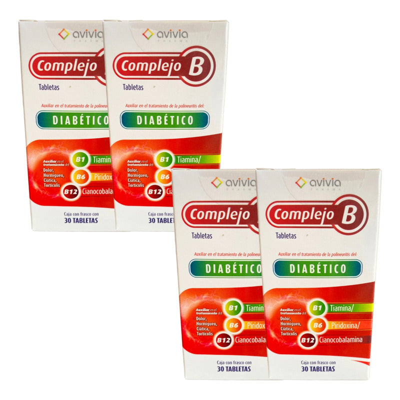 Avivia Complejo B Diabético 4 Frascos De 30 Tabs Cada Un0 Sin Sabor