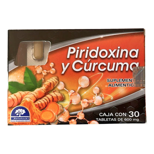 Piridoxina Y Cúrcuma Caja Con 30 Tabs De 600 Mg Natutech Sin Sabor