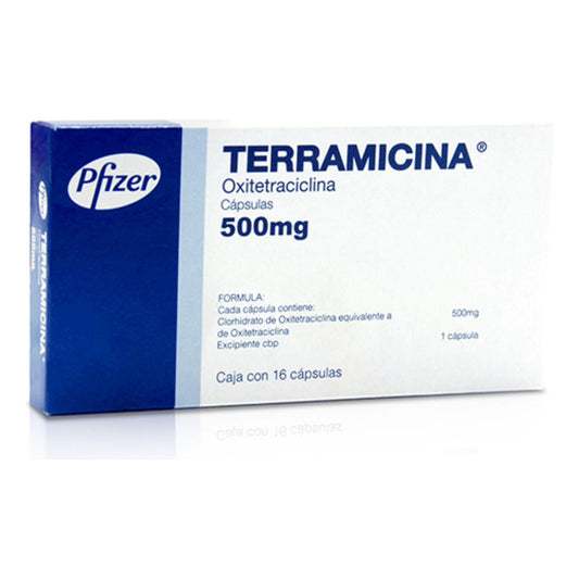 Terramicina Cápsulas 500 Mg, 16 Cápsulas