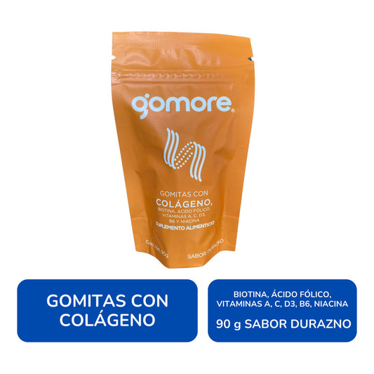 Gomore Colágeno Gomitas Biotina, Ácido Fólico, Vitaminas 90g Durazno