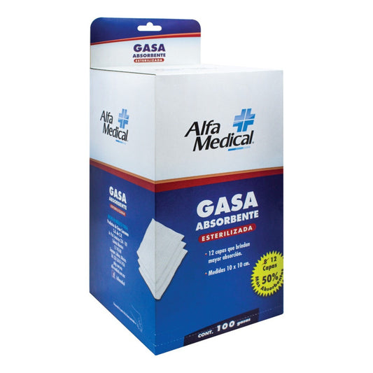 Alfa Medical Gasa Absorbente 12 Capas 10x10 Cm 100 Piezas Color Blanco