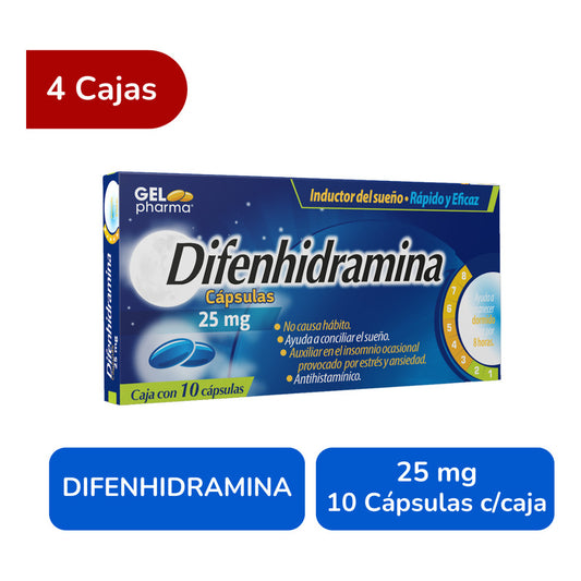 Difenhidramina 25 Mg 4 Cajas Con 10 C/u Cápsulas Gelpharma