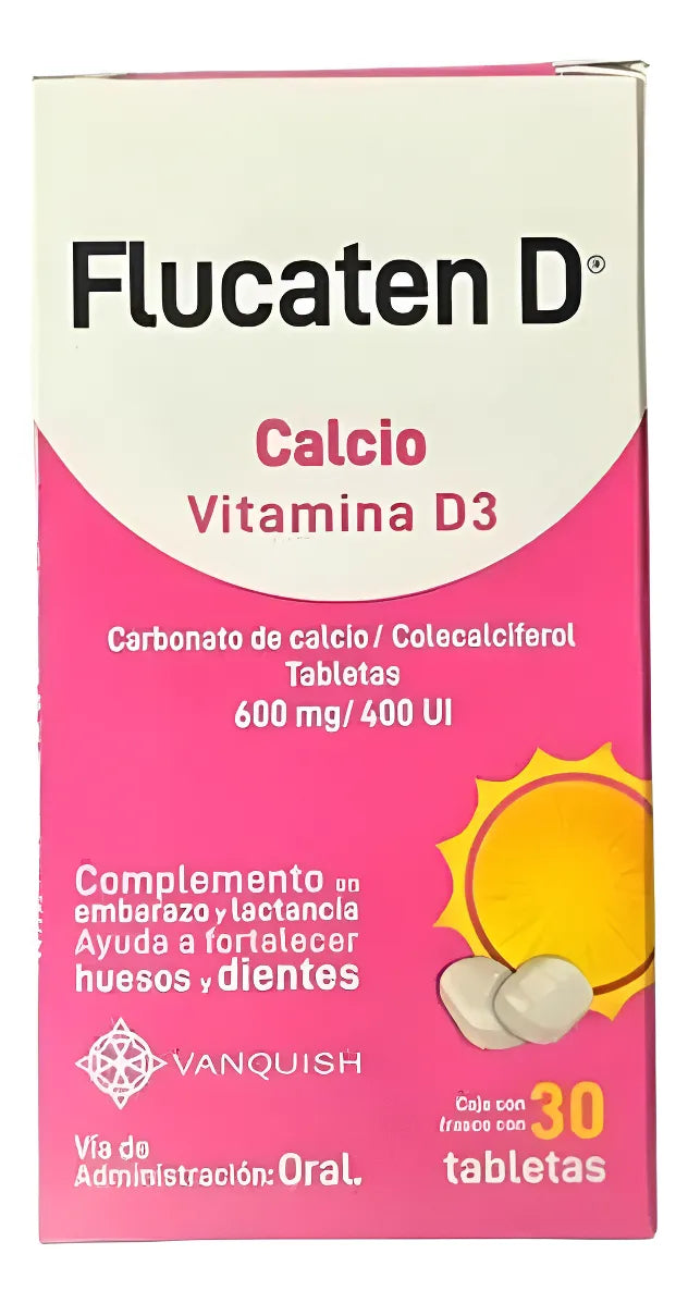 Flucaten D Calcio, Vitamina D3 600 mg / 400 UI Frasco con 30 Tabletas Vanquish