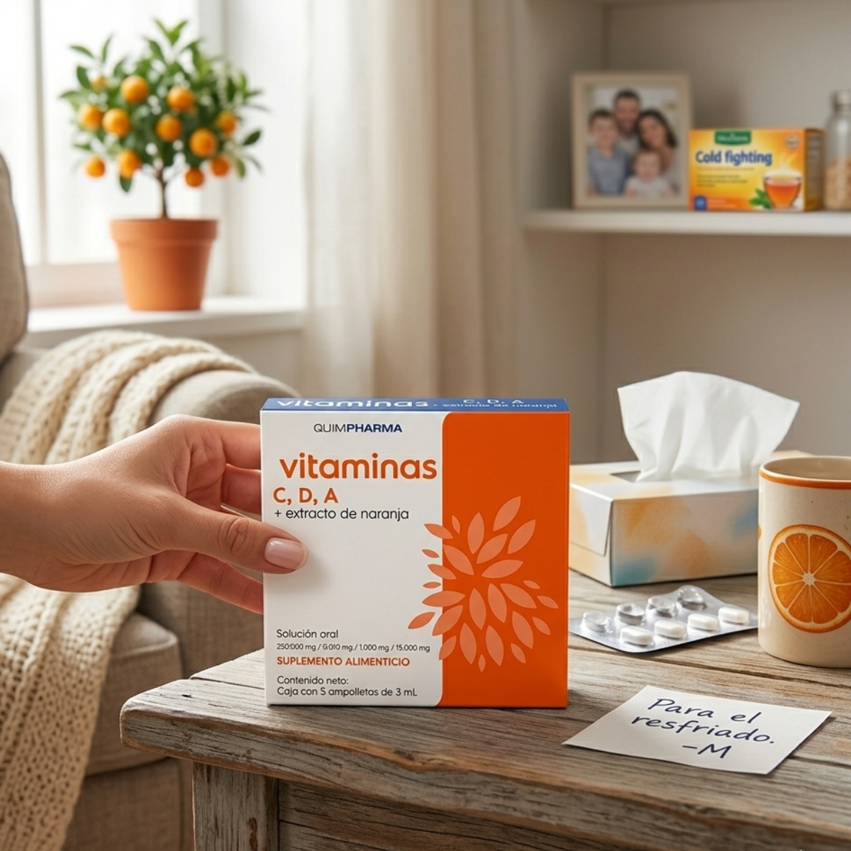 Vitamina C,D,A + Extracto de Naranja Solución Oral 250mg / 0.010mg / 1.000mg /  15.000mg Caja con 5 Ampolletas de 3 mL Quimpharma