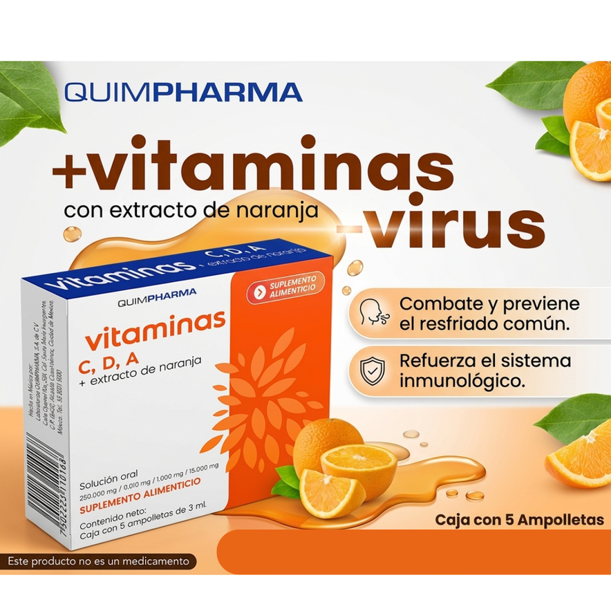 Vitamina C,D,A + Extracto de Naranja Solución Oral 250mg / 0.010mg / 1.000mg /  15.000mg Caja con 5 Ampolletas de 3 mL Quimpharma