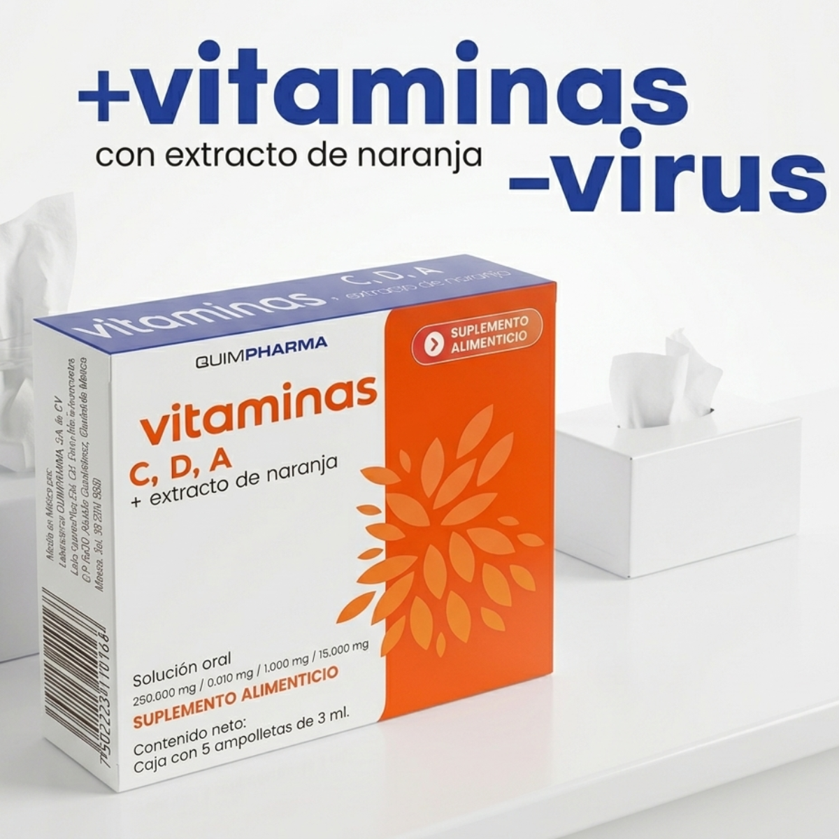Vitamina C,D,A + Extracto de Naranja Solución Oral 250mg / 0.010mg / 1.000mg /  15.000mg Caja con 5 Ampolletas de 3 mL Quimpharma